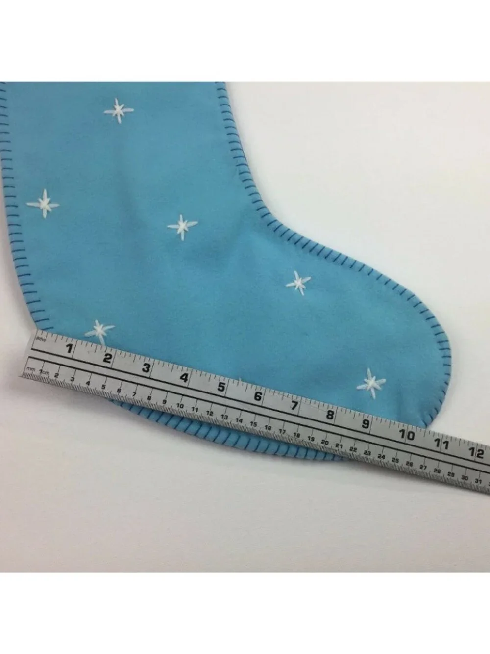 Light Blue Christmas Stocking Pom Poms Embroidered Stars Red Green White Tassel